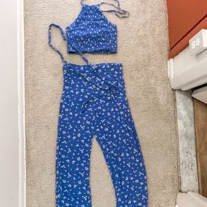 SOLD Blue with White Floral Print 2 Piece Set: Halter Top and Flowy Pants